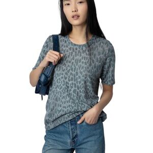 Zadig & Voltaire Ida Feather Cashmere Blue Grey Leopard Print S/S Sweater Tee XS